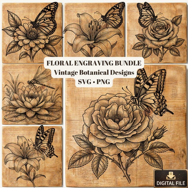 Diseños de grabado botánico vintage, paquete de archivos SVG florales, archivo para corte láser (descarga digital)