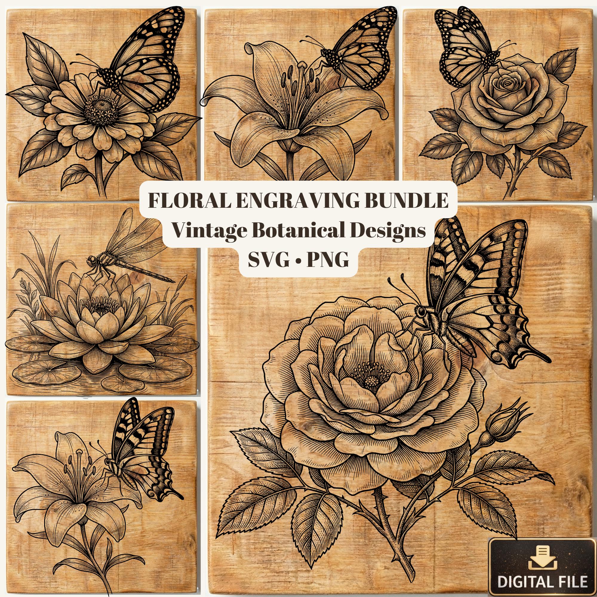 Floral Svg Bundle Png, Vintage Botanical Engraving Designs, Flower SVG ...