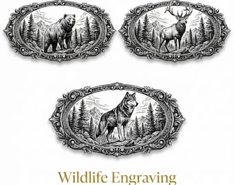 May include: Set of three black and white wildlife engraving designs featuring a bear, a deer with antlers, and a wolf. Each design is set within an oval frame with a detailed, ornate border. The text "Wildlife Engraving Collection - Set of 3" is at the bottom.