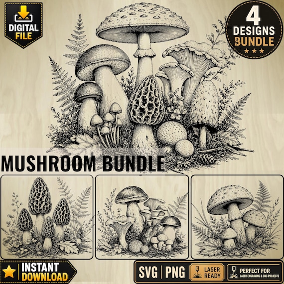Mushroom SVG Bundle, Forest Mushroom PNG Set, Botanical Mushroom, Cottagecore Engraving Designs, Woodland Mushroom Bundle