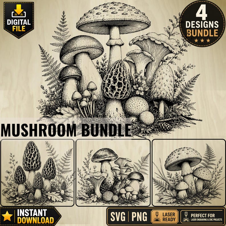 May include: A digital file featuring a mushroom bundle design. The image showcases detailed black and white illustrations of various mushroom species, ferns, and foliage. The text "MUSHROOM BUNDLE" is prominently displayed, along with "4 DESIGNS BUNDLE" and "INSTANT DOWNLOAD".
