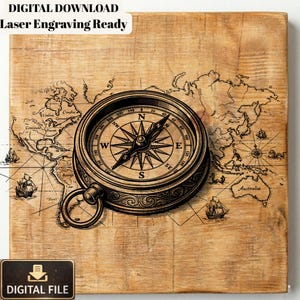 Peut inclure: Un fichier numérique présentant une boussole de style vintage sur une carte du monde. La boussole est détaillée avec des indications directionnelles et un anneau. Le fond est une surface texturée brun clair. Le texte en haut indique "DIGITAL DOWNLOAD Laser Engraving Ready".
