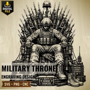 May include: A digital graphic design featuring a soldier in tactical gear sitting on a throne constructed from rifles and bayonets. The soldier wears a helmet and vest with a flag patch. Text includes "FREEDOM HONOR SACRIFICE" and "DUTY HONOR COUNTRY".