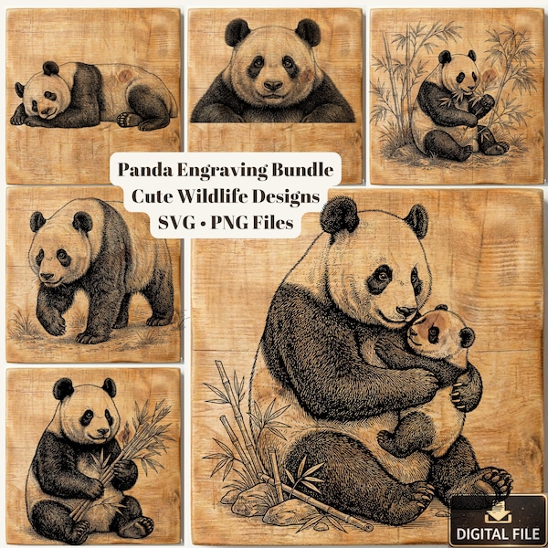 Paquete de grabados de pandas, diseños de fauna vintage, archivos para corte láser (SVG PNG)