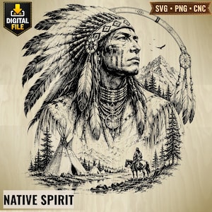 Peut inclure: Une illustration numérique en noir et blanc représentant une figure amérindienne avec une coiffe à plumes, superposée à un paysage avec un tipi, une personne à cheval, des pins et des montagnes, avec le texte NATIVE SPIRIT en bas.