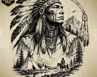 Native Spirit SVG PNG, plik do grawerowania laserowego wojownika plemiennego, projekt CNC dziedzictwa zachodniego, rustykalna sztuka ścienna do pobrania w wersji cyfrowej
