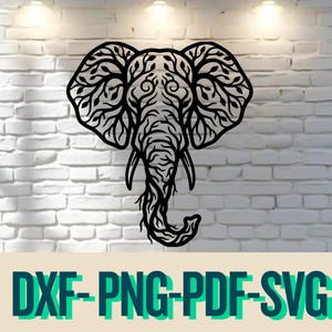 May include: Black metal elephant wall art featuring detailed leaf and swirl patterns. The elephant's head and trunk are intricately designed, with large ears. The image includes the text "DXF-PNG-PDF-SVG" in teal and green.