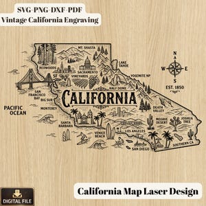Puede incluir: Un mapa detallado en blanco y negro de California, con puntos de referencia como el Golden Gate Bridge, Hollywood y el Parque Nacional de Yosemite. El mapa incluye texto que dice "California" y "Pacific Ocean". El diseño está etiquetado como "Vintage California Engraving".