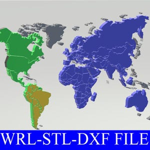 Carte du monde, carte avec les pays. Carte 3D, carte 2D. Fichiers Wrl, Stl, Dxf
