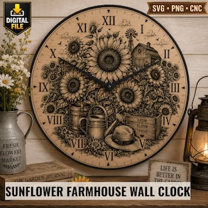 May include: A round wall clock with a light wood grain face featuring black Roman numerals and a detailed illustration of sunflowers, a barn, a watering can, and a hat. The text 'GROW BLOOM THRIVE' is printed on a wooden crate within the design.