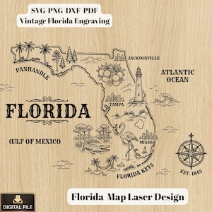 May include: A detailed black and white map of Florida, featuring landmarks like Jacksonville, Tampa, and Miami. The design includes a compass, palm trees, and the text "Florida." The image also includes the text "Florida Map Laser Design."