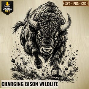 Puede incluir: Una ilustración digital en blanco y negro de un bisonte cargando con pelaje detallado y cuernos curvos. El gráfico incluye el texto "DIGITAL FILE" en una insignia y "SVG PNG CNC" en una pancarta, con "CHARGING BISON WILDLIFE" debajo.