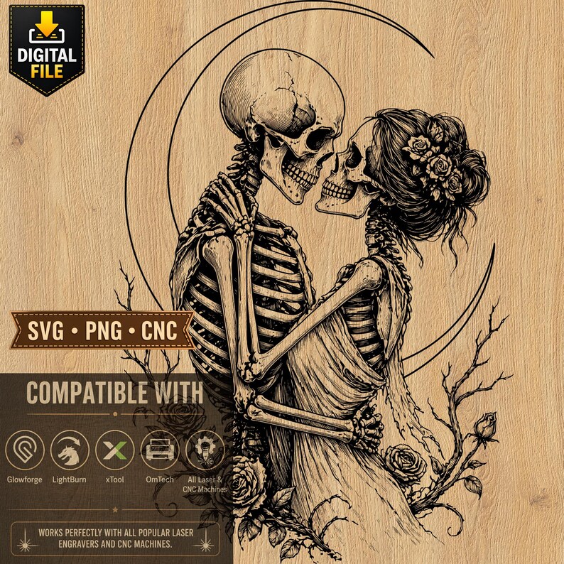 Skeleton Couple Engraving Design, Gothic Love, Skull Romance, Dark ...