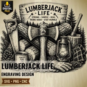 May include: A black and white engraving design featuring a double-bit axe, a hand saw, a lantern, logs, pinecones, and a mug labeled COFFEE FUEL THE SAW. The text reads LUMBERJACK LIFE, STRONG, SIMPLE, REAL, WORK HARD, STAY HUMBLE.