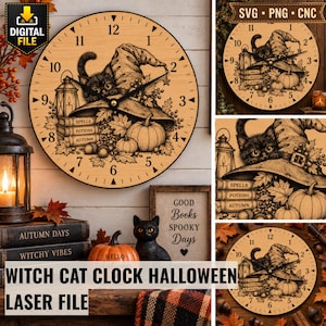 Witch Cat Clock SVG, Halloween Cat Clock Laser Engraving File, Pumpkin Witch Hat Wall Clock, Spooky Autumn Decor SVG PNG