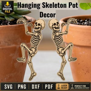 May include: Two wooden skeleton decorations hanging on the edge of terracotta pots. The skeletons are light brown with black detailing. The image includes the text "Hanging Skeleton Pot Decor" and file type icons.
