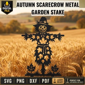 May include: A black metal silhouette of a scarecrow featuring a wide-brimmed hat, a smiling face, and a body covered in maple leaf cutouts. The design includes a rope-tied waist and two additional maple leaves at the base of the garden stake.