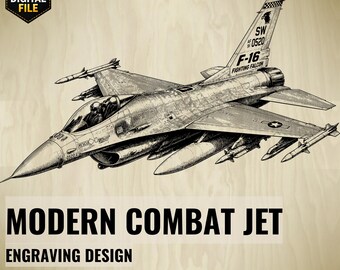 May include: Detailed black and white engraving of a modern combat jet, the F-16 Fighting Falcon, with missiles attached. The image includes the text "MODERN COMBAT JET" and "ENGRAVING DESIGN". A digital file download icon is in the upper left corner.