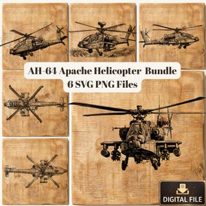 May include: A digital download bundle featuring six detailed illustrations of the AH-64 Apache helicopter in various views. The images are in SVG and PNG file formats, set against a wood-grain background. Includes a digital file icon.