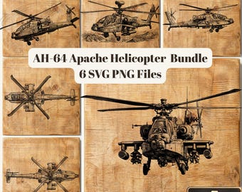 Könnte beinhalten: Ein digitales Download-Paket mit sechs detaillierten Illustrationen des AH-64 Apache Hubschraubers. Die Bilder sind im SVG- und PNG-Format, vor einem Holzmaserungshintergrund. Enthält ein digitales Datei-Symbol.
