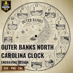 May include: A circular clock face design featuring a map of the Outer Banks, North Carolina, with illustrations of lighthouses and landmarks at each hour marker. The black and white graphic includes text labels for locations, a compass rose, and a ferry route.