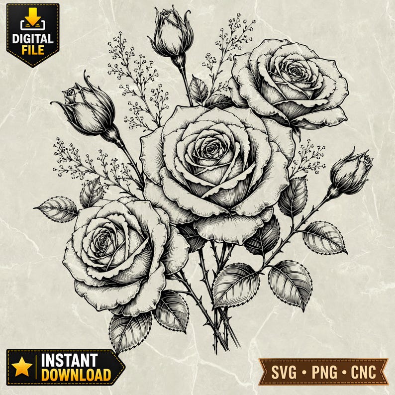 Rose Flower SVG Bundle, Floral Rose PNG Set, Vintage Rose Bouquet ...