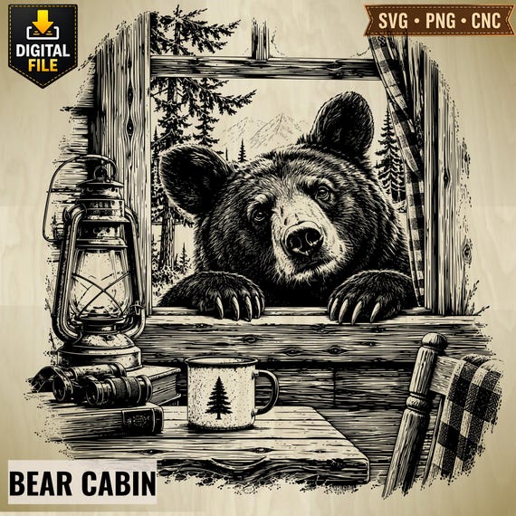 Bear Cabin SVG, Black Bear Laser Engraving File, Wilderness PNG, Rustic Cabin Decor, Camping Wildlife CNC Digital Download