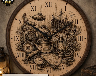 May include: A round wall clock with a dark wood frame and a beige face featuring Roman numerals. The design includes a deep-sea diving helmet, a shipwreck, a submarine, an anchor, a compass, a lantern, and a map. The text reads DEEP SEA EXPLORER.