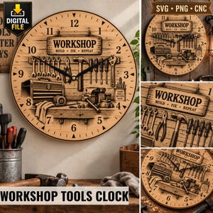 Puede incluir: Un reloj de pared redondo de madera con temática de taller, con manecillas y números negros. La esfera muestra un banco de trabajo con herramientas, una caja de herramientas y un letrero que dice WORKSHOP BUILD FIX REPEAT. Diseño color marrón.