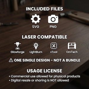 May include: Image showing file types SVG and PNG, and laser compatibility with Glowforge, LightBurn, xTool, and OmTech. The text also states "ONE SINGLE DESIGN - NOT A BUNDLE" and usage license details, all on a wooden surface.
