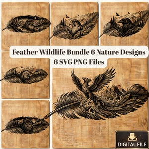 May include: A collection of six nature-themed designs featuring detailed illustrations of feathers with wildlife elements. The designs include owls, eagles, and mountain landscapes, all in a monochromatic style. The text reads "Feather Wildlife Bundle 6 Nature Designs 6 SVG PNG Files."