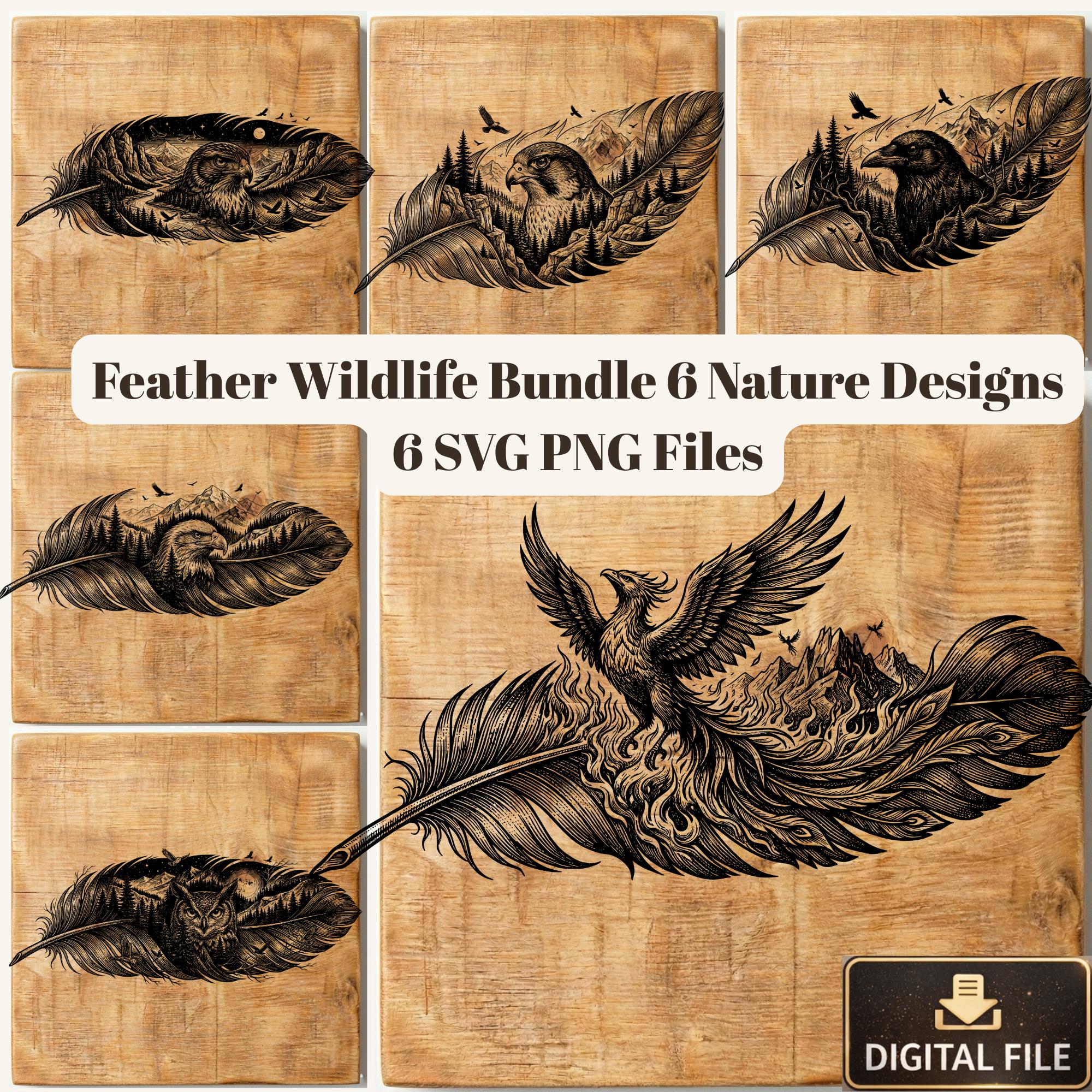 Feather Wildlife SVG Bundle, Eagle, Hawk, Owl, Raven, Phoenix Designs (Digital Download)