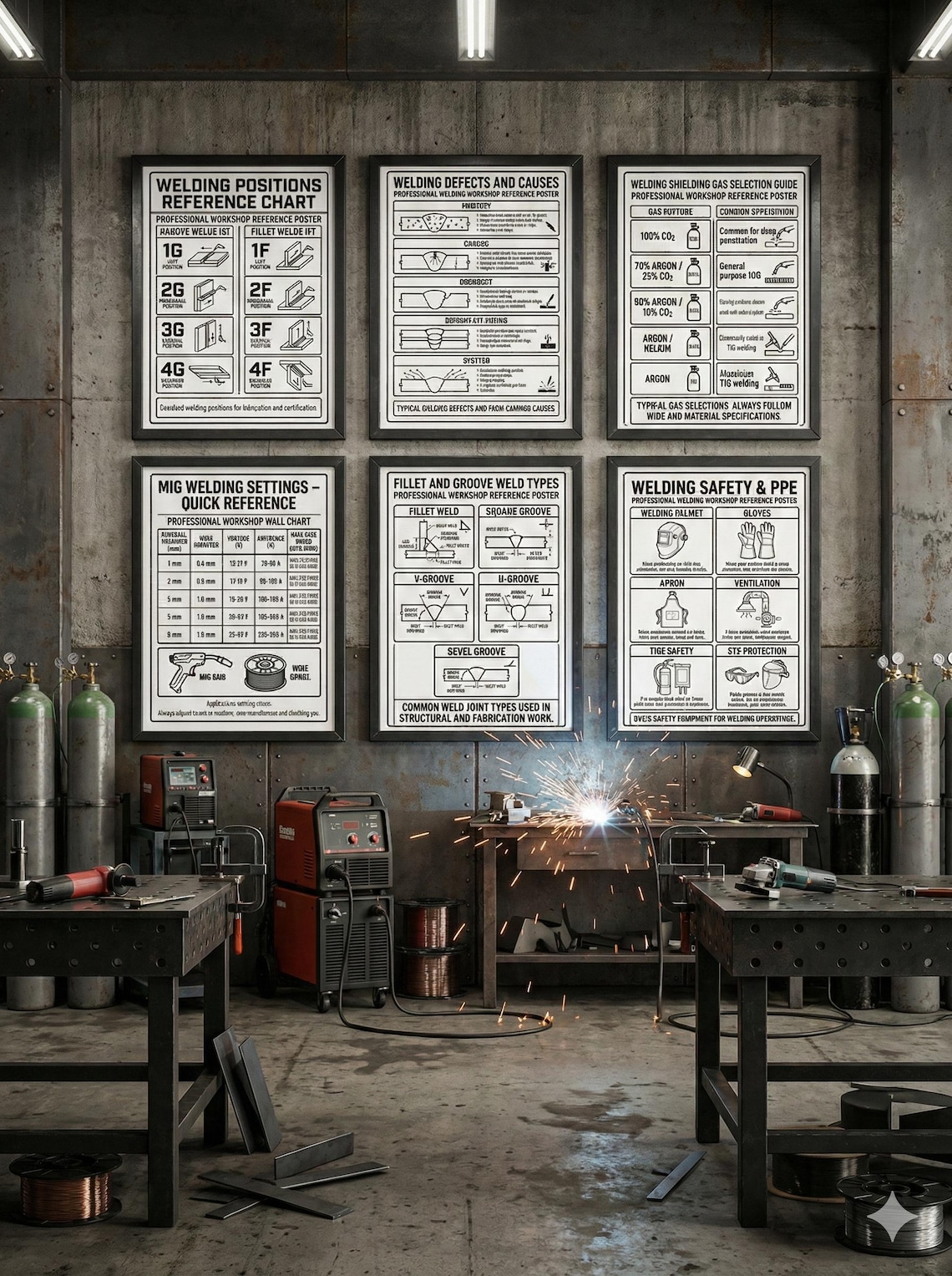 Welding Shop Wall Chart Set – 6 Professional MIG TIG Welding Reference ...