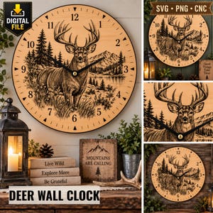 May include: A round wooden wall clock featuring a detailed black illustration of a deer standing in a forest with mountains in the background. The clock face displays black numbers from 1 to 12 and black hands, offered as a digital file.