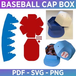 Modello di scatola per berretto da baseball Svg Pdf Png, istruzioni video tutorial, scatola regalo per cappellino da baseball in carta Svg