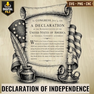 May include: A black and white digital illustration of the Declaration of Independence on a scroll, featuring a quill pen in an inkwell, a lit candle in a holder, and a draped American flag with stars and stripes in the background.
