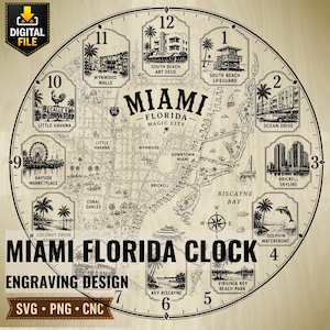 Könnte beinhalten: Eine runde Holzuhr mit einer Karte von Miami, Florida, mit Illustrationen von Sehenswürdigkeiten und Stadtteilen. Das Zifferblatt enthält den Text "Miami Florida Clock" und "Engraving Design". Die Uhr ist eine digitale Datei.