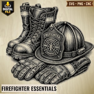 Puede incluir: Una ilustración digital de equipo de bombero que incluye un par de botas altas con cordones, un casco protector con una insignia que dice FIREFIGHTER COURAGE HONOR SERVICE SACRIFICE y un par de guantes resistentes, todo en estilo blanco y negro.