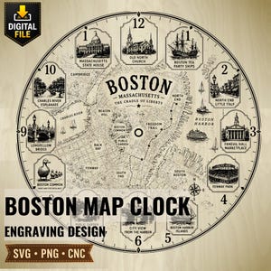 May include: A round wooden clock featuring a map of Boston, Massachusetts, with illustrations of landmarks like Faneuil Hall and Fenway Park. The clock face includes the text "Boston Map Clock" and "Engraving Design."