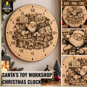 Könnte beinhalten: Eine runde Wanduhr aus Holz mit einer lasergravierten Illustration des Weihnachtsmanns in einer Spielzeugwerkstatt mit Elfen, Spielzeug und Geschenken. Das Zifferblatt zeigt römische Ziffern und den Text Santa's Toy Workshop.