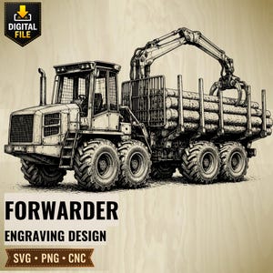 Desenho de gravação para forwarder em SVG e PNG | Arte linear para forwarder florestal | Download digital para gravação a laser CNC de equipamentos de extração de madeira