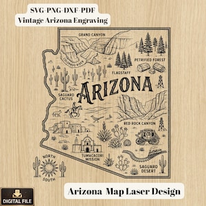 Op de afbeelding: Een gedetailleerde zwart-wit kaart van Arizona, met bezienswaardigheden zoals de Grand Canyon, Saguaro Cactus en Red Rock Canyon. De kaart bevat de tekst "Arizona" en "Arizona Map Laser Design". De bovenste banner luidt "SVG-PNG-DXF-PDF Vintage Arizona Engraving".