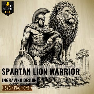 Puede incluir: Grabado en blanco y negro de un guerrero espartano y un león. El guerrero está arrodillado, sosteniendo un escudo y vistiendo una armadura. El león está detrás de él. Texto: "SPARTAN LION WARRIOR ENGRAVING DESIGN".