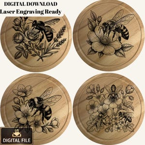 Pode incluir: Quatro bases redondas de madeira com desenhos de abelhas e flores gravados a laser. Cada base apresenta um arranjo diferente de abelhas, rosas e outras flores. O texto "DOWNLOAD DIGITAL Laser Engraving Ready" está no topo e "ARQUIVO DIGITAL" na parte inferior.
