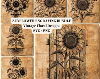 Sunflower Engraving Bundle, Vintage Floral Designs, Rustic Farmhouse Art (Digital Download)