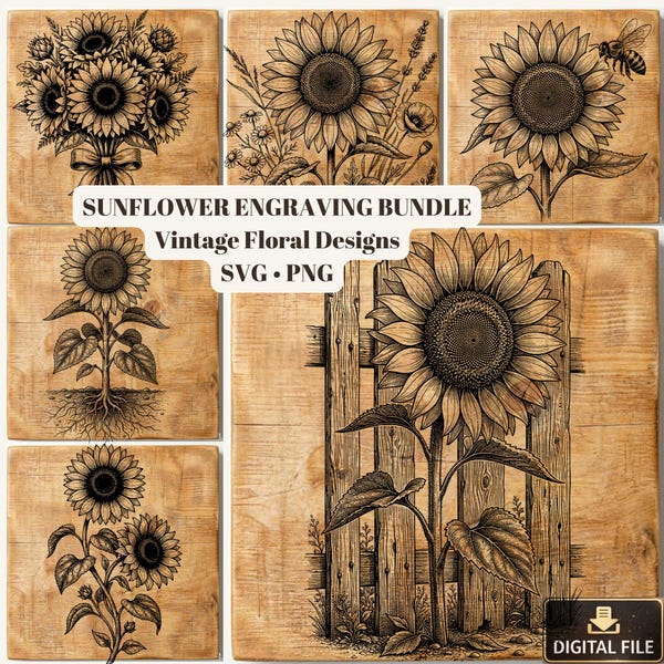 Paquete de grabados de girasoles, diseños florales vintage, arte rústico de granja (descarga digital)