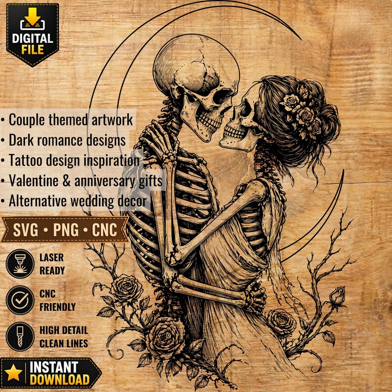 Skeleton Couple Engraving Design, Gothic Love, Skull Romance, Dark ...