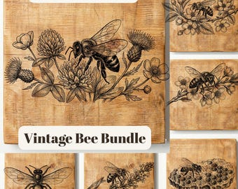 May include: A collection of six SVG and PNG files featuring vintage bee illustrations. The main image showcases a detailed bee design with flowers and the text "Vintage Bee Bundle". Other images include bees on branches and a honeycomb.