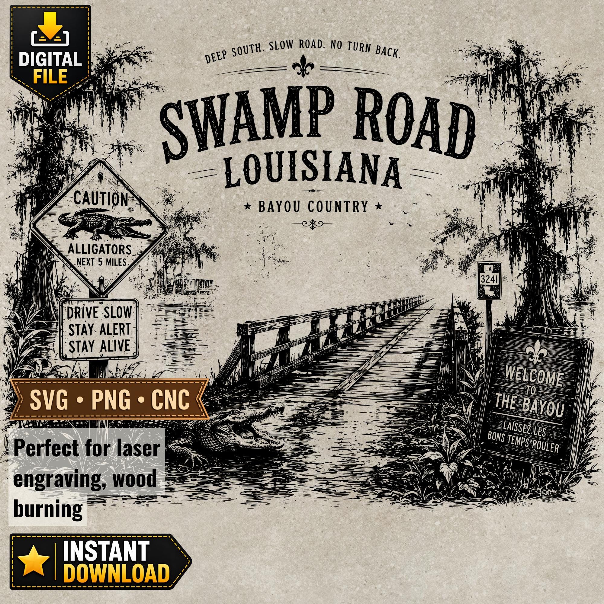 Swamp Road Louisiana SVG PNG, Bayou Country Engraving Design