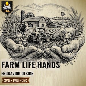 May include: Monochrome engraving depicting a farm scene with a tractor, cow, sheep, and pig, cradled in hands. A barn, silo, and fields are visible, with the text "FARM LIFE HANDS" and "ENGRAVING DESIGN".